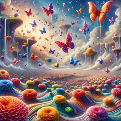 The primary subject of the image is a vibrant and colorful scene featuring a variety of butterflies and other insects flying in the sky. The setting is a cloudy background, which adds to the overall atmosphere of the scene. The visual style of the image is digital art, as it is a detailed and intricate illustration. The dominant colors in the scene are a mix of bright and pastel hues, creating a lively and cheerful mood.